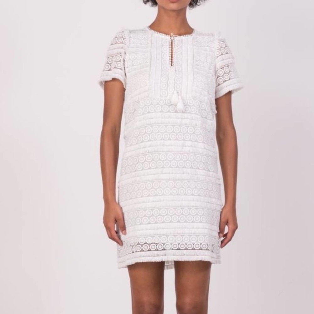 Margaret O’Leary White Lace Fringe Trim Short Sleeve Shift Dress S